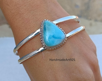 Handmade Larimar Cuff Bracelet, 925 Sterling Silver, Adjustable