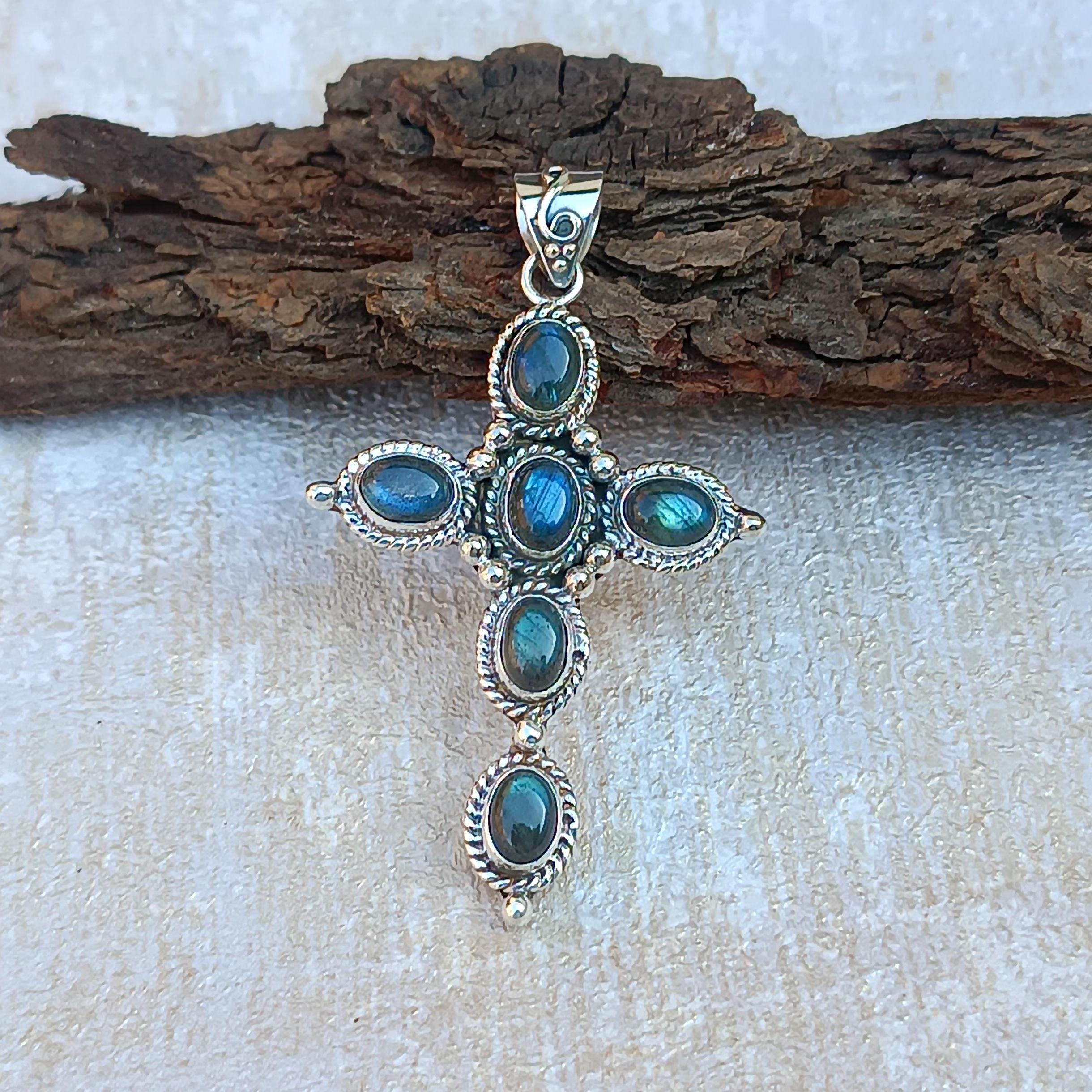 Pendentif Croix En Argent 925 Sertie De Labradorite - Longueur 4,4 Cm - Neuf Sans écrin