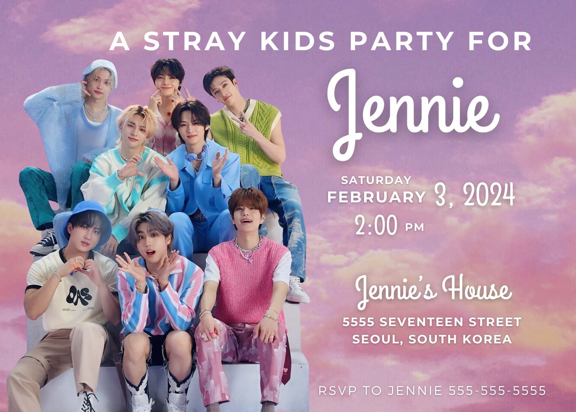Stray Kids Birthday Invitation – Cute Cloud K-Pop Party Digital Invite or Editable Canva Template, Custom Printable