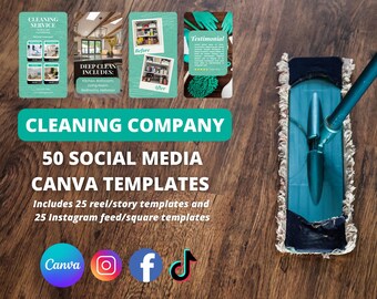 50 modelli di social media per aziende di pulizie – Canva modificabile / Reels, Stories e post
