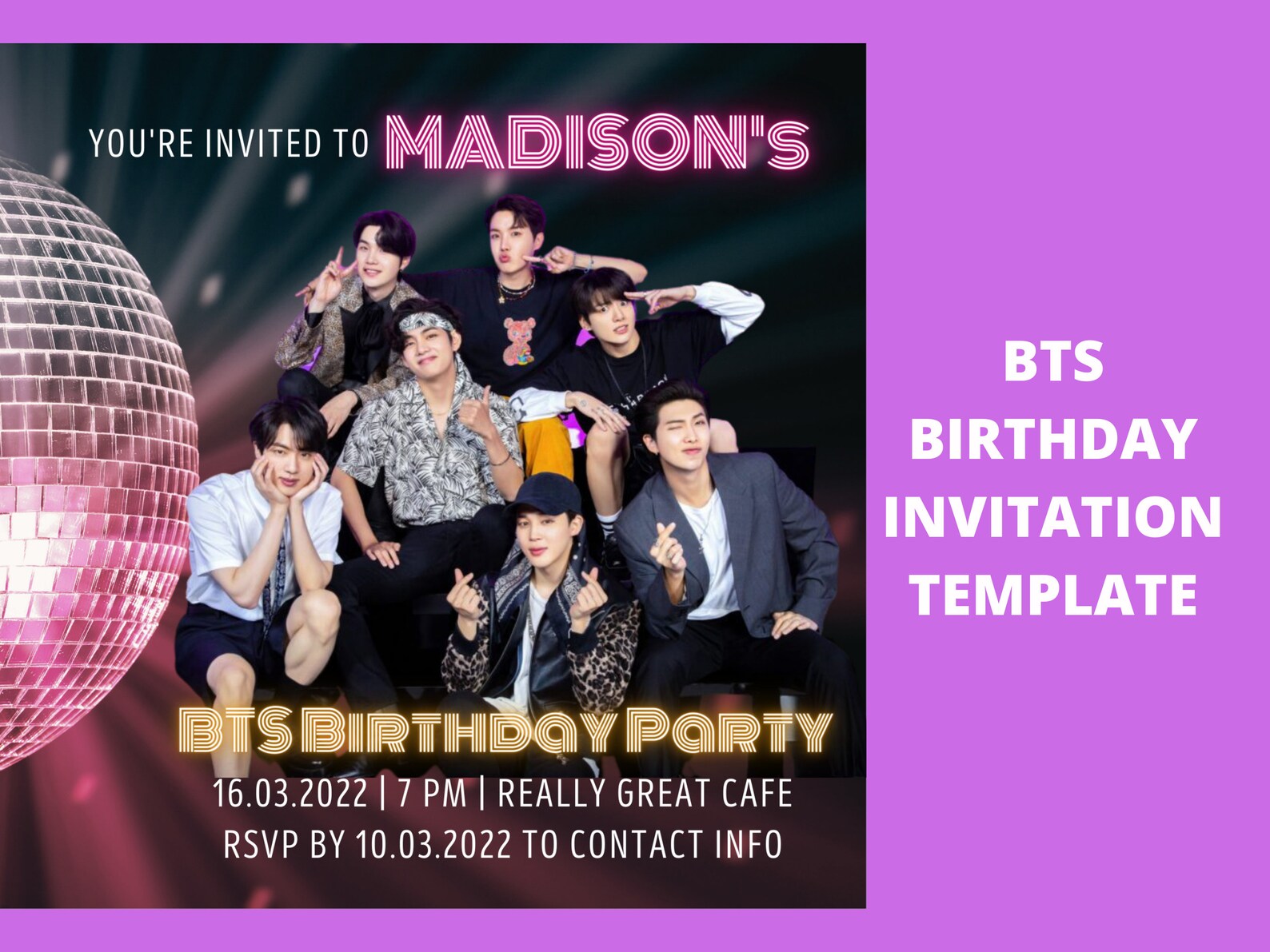 BTS Custom Birthday Party Invitation Disco Ball Dynamite Theme K Pop - Etsy