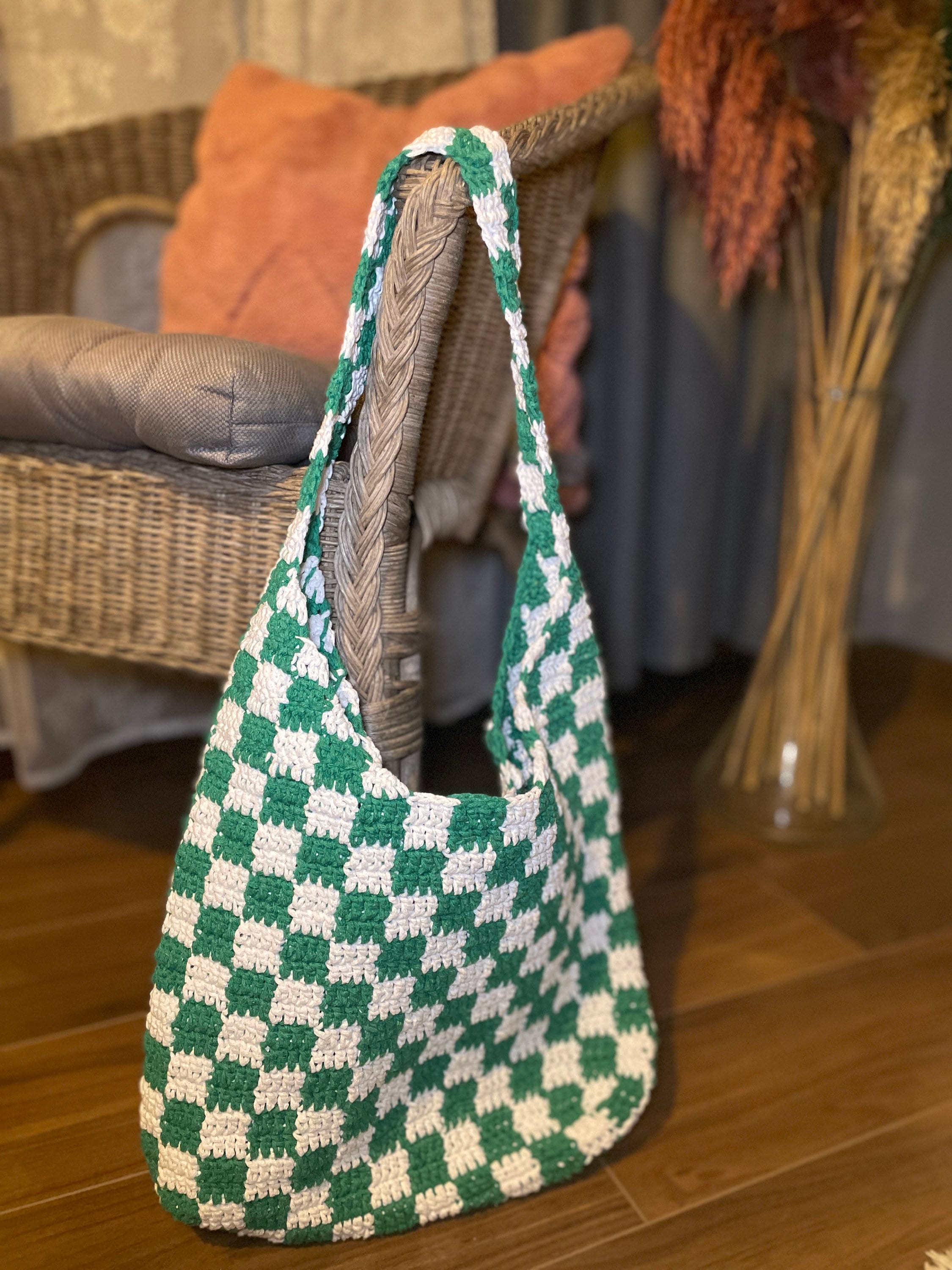 Checkerboard Bag Green Handmade Checkered Bag Crochet Tote 