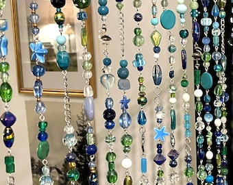 Blue & Green Beach-Themed Beaded Curtain Valance for Windows, Doorways