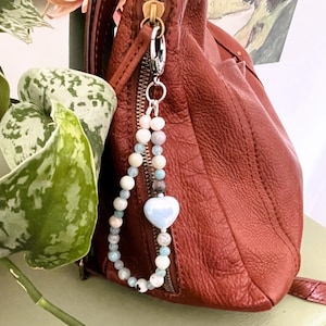 Blue Gemstone Beaded Handbag Charm, Keychain Accessory, Handmade Boho Purse Jewelry
