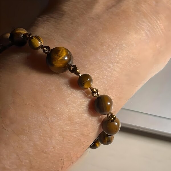 Tiger's Eye Stone and Glass Bead Bracelet | Handmade Rosary Chain Jewelry | Boho Unisex Wristlet | Pride Gift