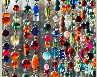 24" Boho Multicolor Window Beads, Curtains & Doorways, Vibrant Glass and Stone Beaded Strand