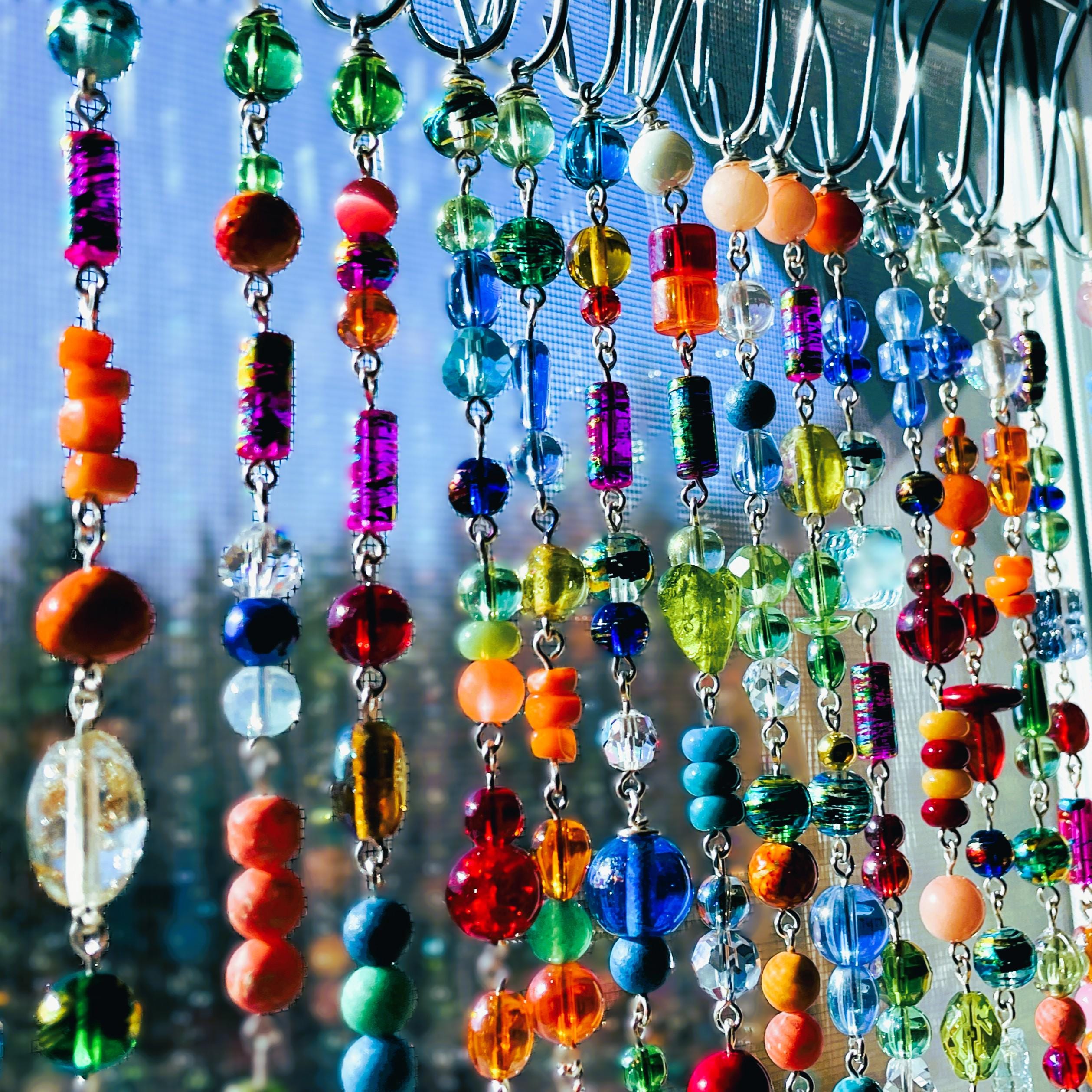 Boho Multicolored Window Beads,  Glass Beaded Curtain Strings, Doorway Curtain Valance