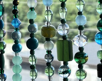Handmade Beaded Curtain Strands for Windows, Doorways, in Green Blue and Teal