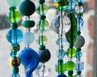 Beaded Curtain Strands, Blue Green Teal Glass Crystal Boho Decor (20 or 24 inch)