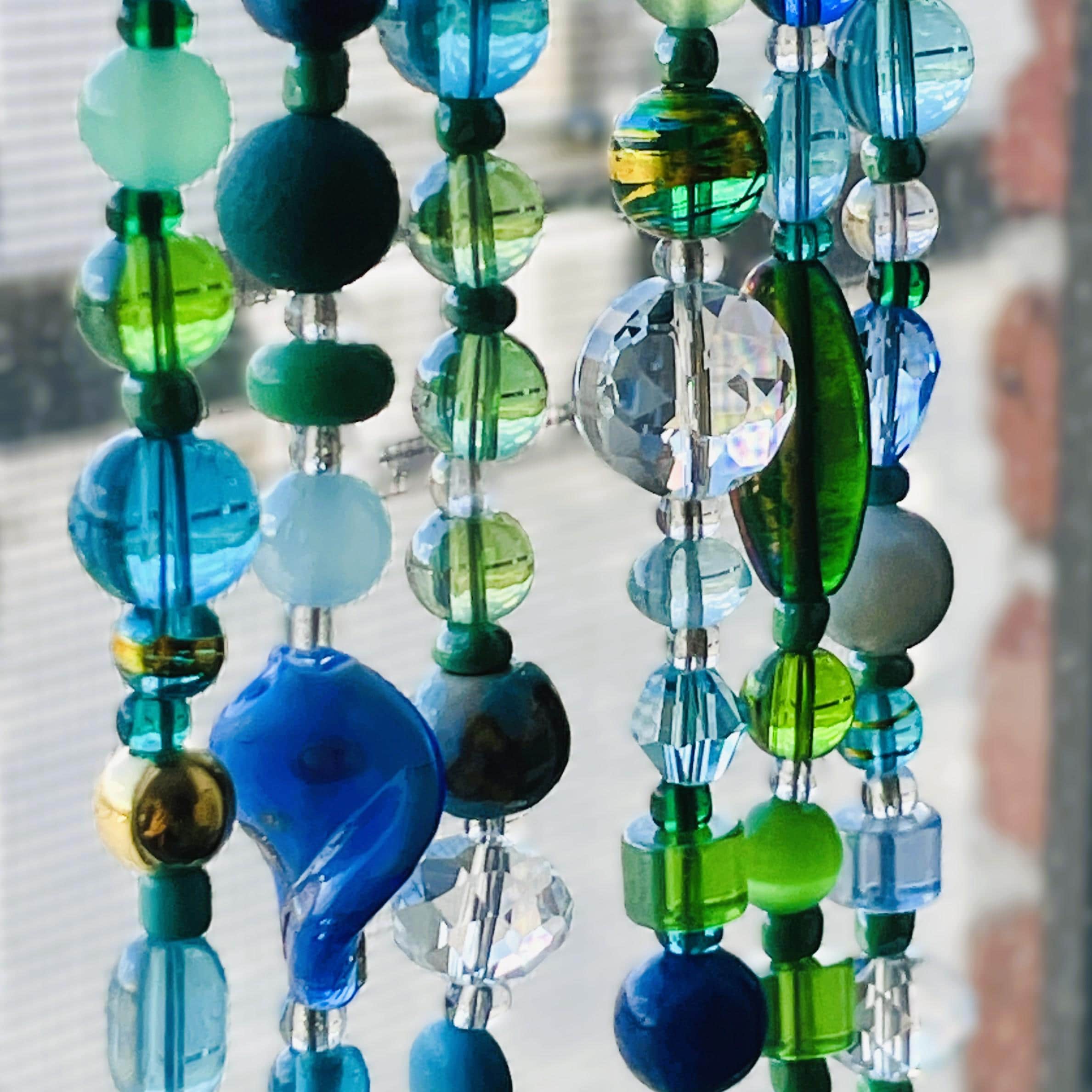 Beaded Curtain Strands, Blue Green Teal Glass Crystal Boho 