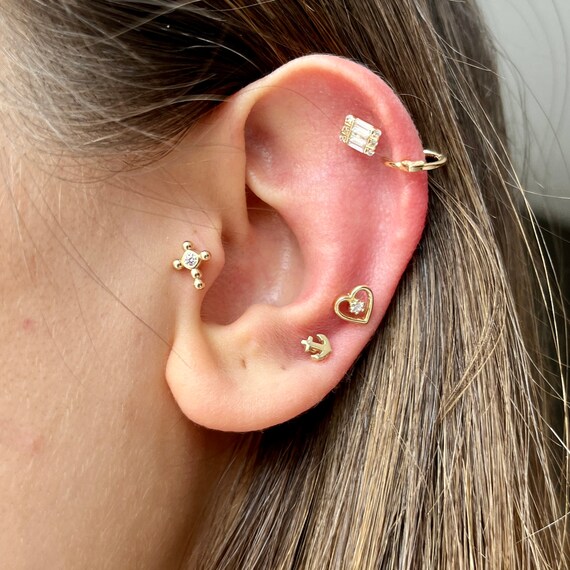 14K Solid Gold Zirconia Piercing Gold Stud Piercing Etsy