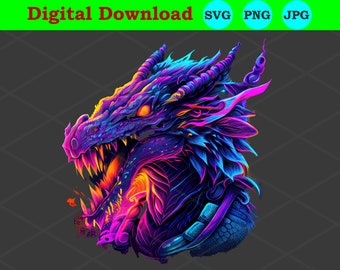 Puede incluir: Una cabeza de dragón vibrante, de colores neón, con una expresión feroz. El dragón está representado en tonos de azul, morado y rosa, con detalles intrincados y una apariencia texturizada.