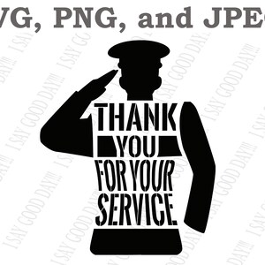 Könnte beinhalten: Schwarz-weiße Silhouette einer Person in Militäruniform, die salutiert, mit dem Text "Thank You For Your Service" auf der Brust.