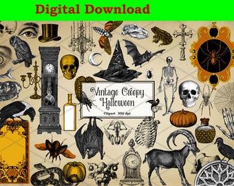 May include: Vintage Halloween clipart set featuring a variety of spooky images, including bats, spiders, skulls, a crow, a snake, a goat, a skeleton, a witch's hat, a clock, a pumpkin, and more. The images are in black and white and have a vintage feel.