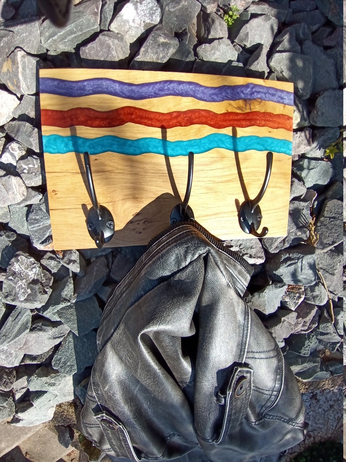 Porte Manteau 3 Patere Chene et Resine Epoxy Vagues