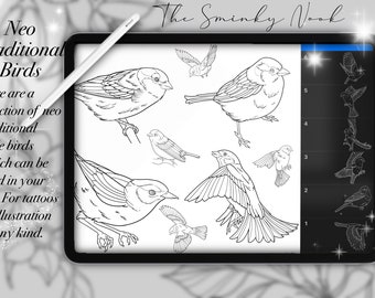 Procreate Neo Traditional Birds, Bird tattoo stamps and brushes