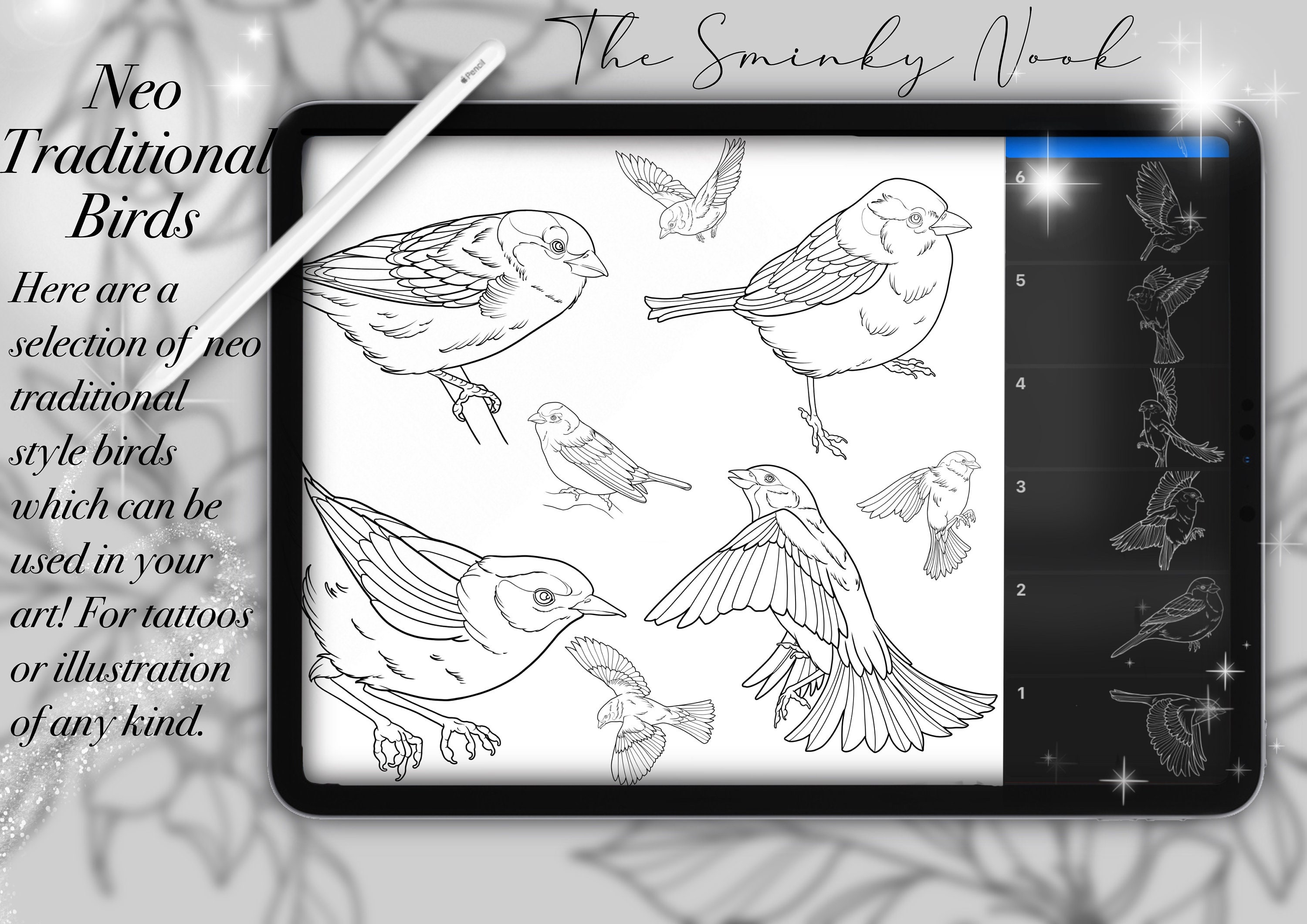 Procreate Neo Traditional Bird Tattoo Stamps & Brushes Set