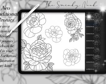Procreate Neo traditional peony stamps, brushes, tattoos, peonies, flower brushes