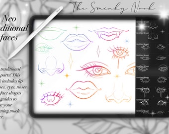 Procreate Neo Traditional Face Stamps, Brushes, guide, eyes, nose, mouth, practice, tattoo designs