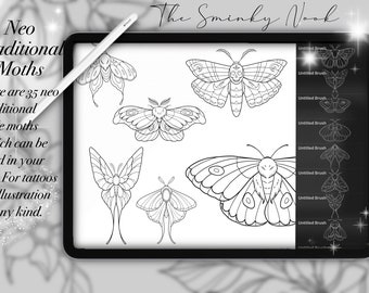 Procreate Neo Traditional Moth brush, stamps for Procreate, tattoos