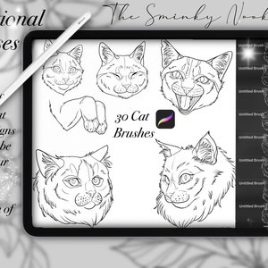 Puede incluir: Una ilustración digital de 30 diseños de cabeza y patas de gato para usar como sellos digitales. Los diseños están en blanco y negro y se muestran en la pantalla de una tableta. El texto "30 Cat Brushes" es visible en la pantalla.