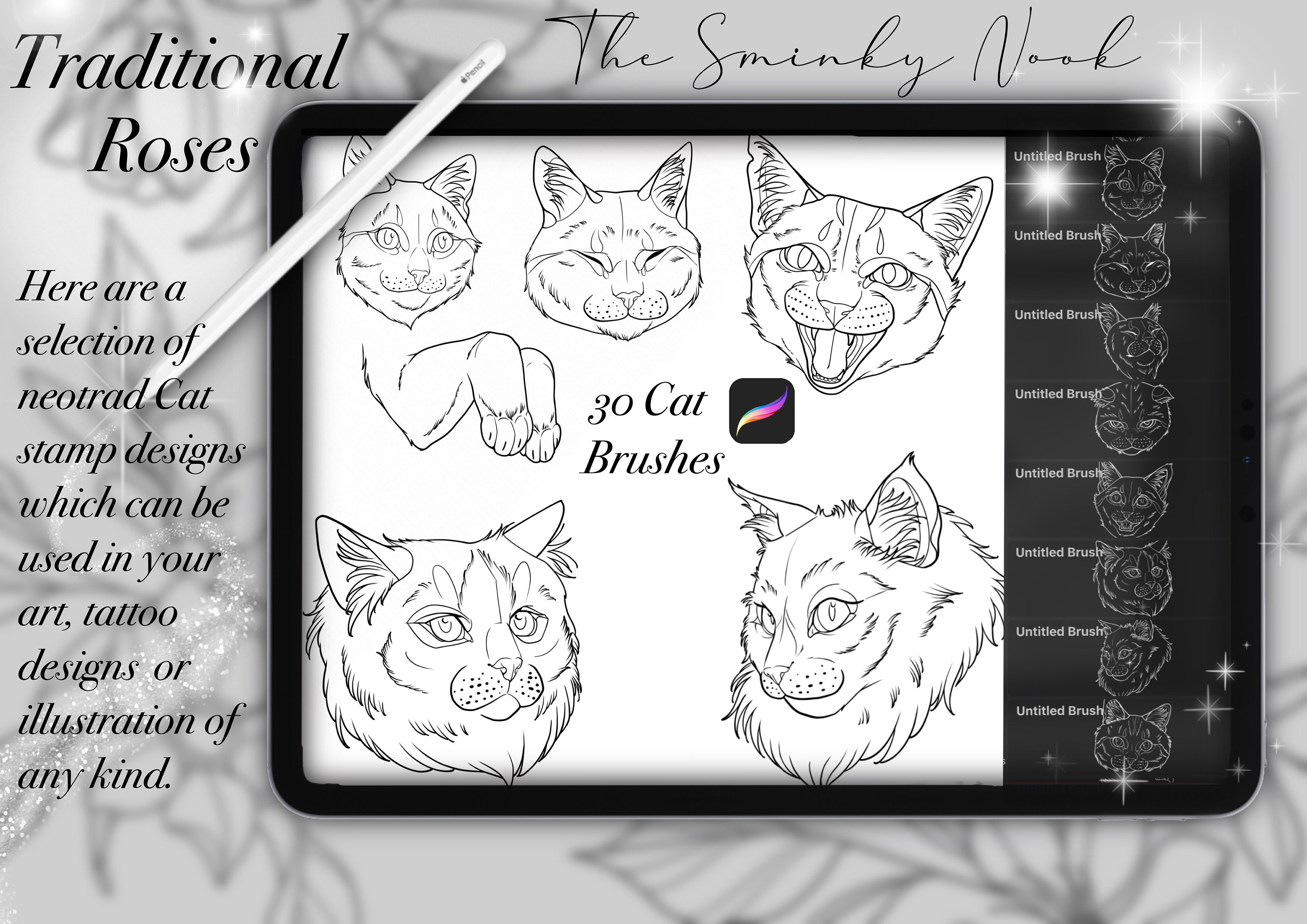 Neo Traditional Cat Brush/ Stamp set for procreate