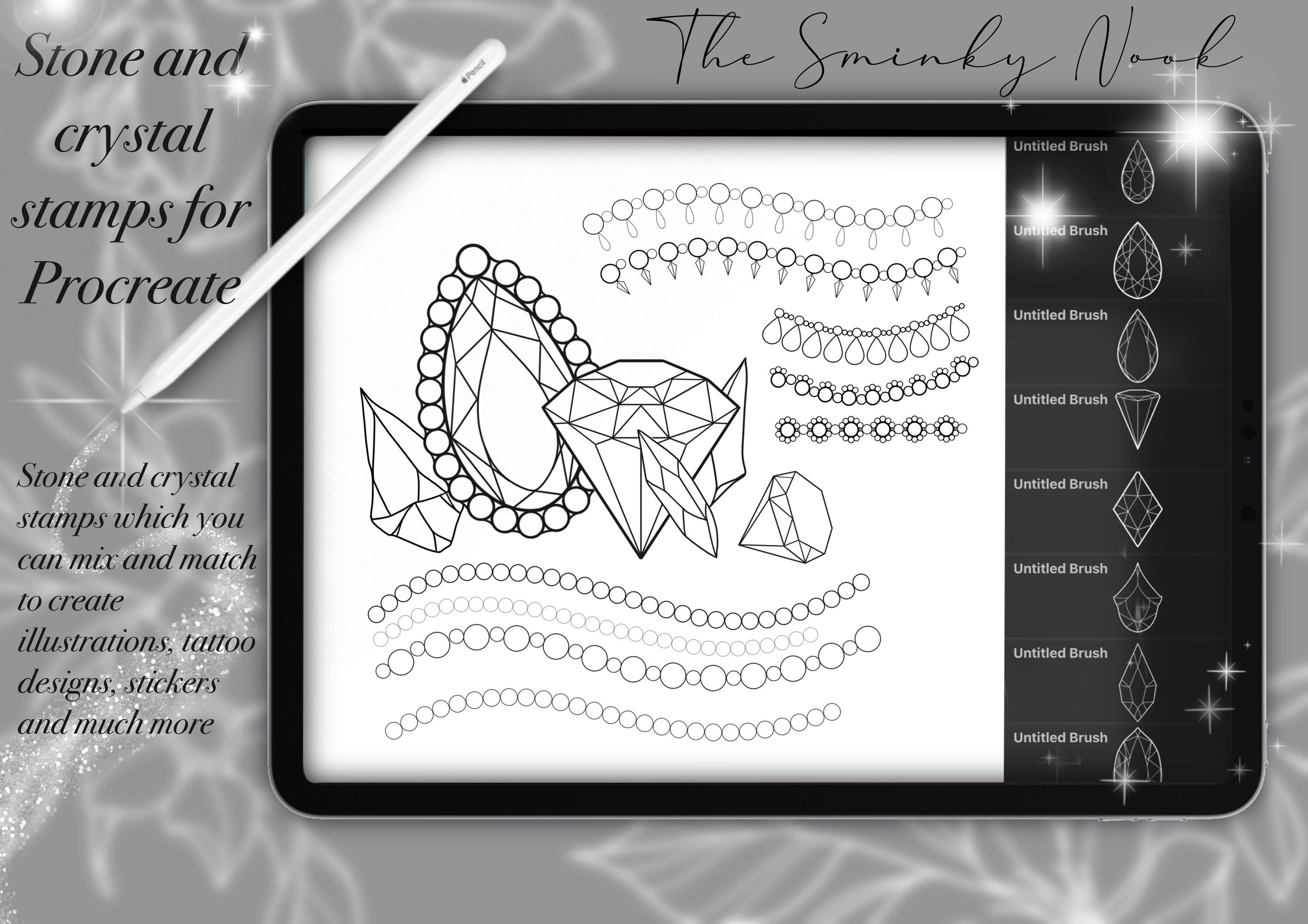 Sellos de piedra, gema y cristal para Procreate y pinceles de cuentas para arte de joyería