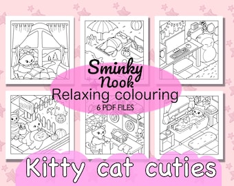 Colouring pages: Relaxing cosy cat illustrations to colour in for adults, teens and kids 6 PDF files to download. Pages 7-12