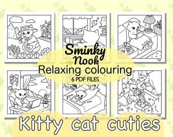 Colouring pages: Relaxing cosy cat illustrations to colour in for adults, teens and kids 6 PDF files to download. Pages 13- 18