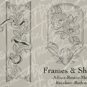 Neo Traditional Frames and shapes/ Art Nouveau designs, tattoo designs, art reference, brushes, Procreate stamps image 5