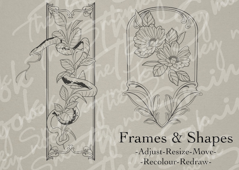 Neo Traditional Frames and shapes/ Art Nouveau designs, tattoo designs, art reference, brushes, Procreate stamps image 5