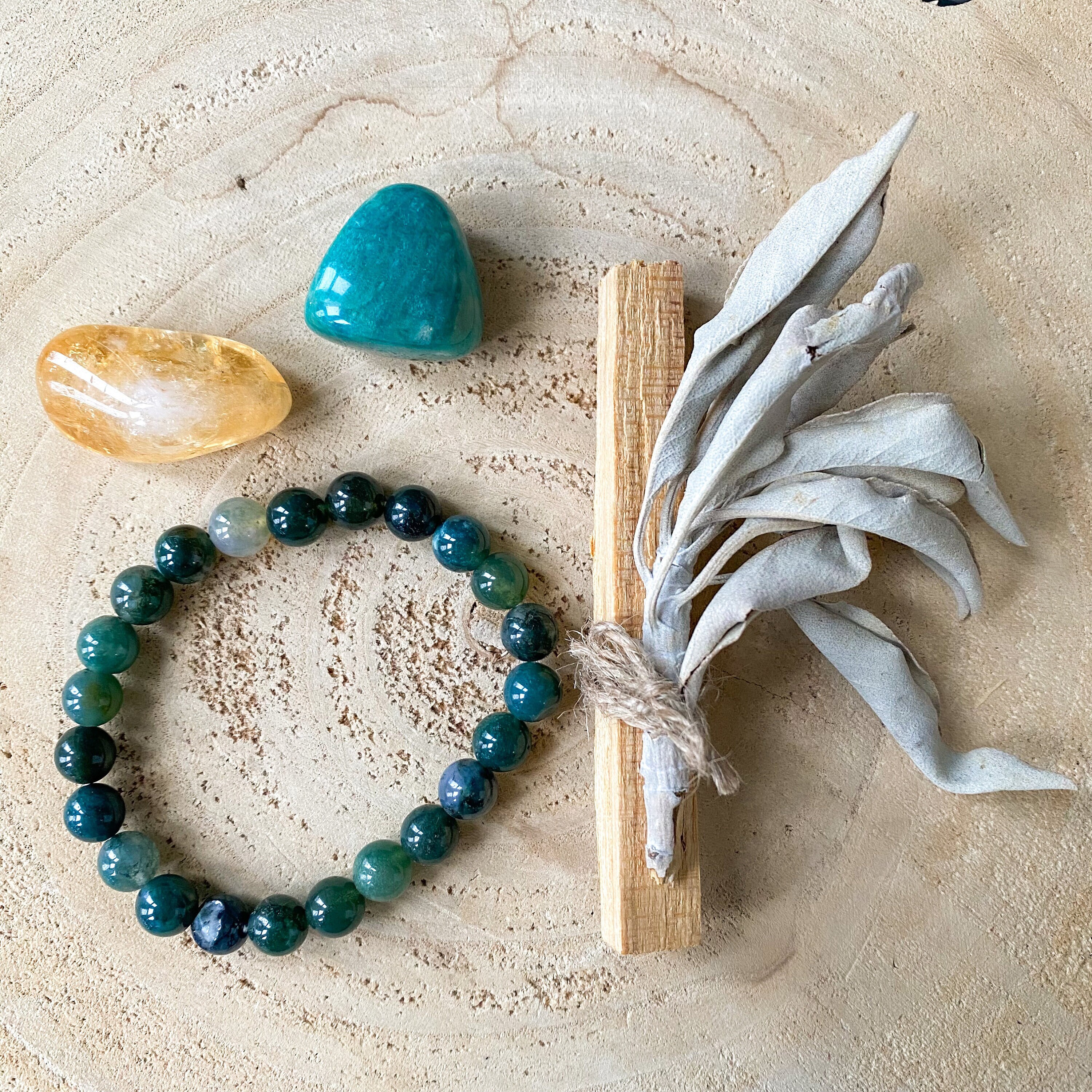 Kit de Lithothérapie Pierres d'abondance, Succès - Agate Mousse, Amazonite, Citrine