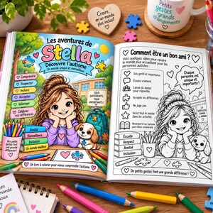 Peut inclure: Un livre de coloriage ouvert intitulé Les aventures de Stella, présentant une illustration colorée d'une fille et d'un chiot sur la page de gauche et une version en noir et blanc sur la page de droite avec du texte sur l'autisme.