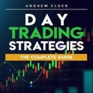 Puede incluir: Una portada de libro con un título verde y blanco "Day Trading Strategies" y el subtítulo "The Complete Guide". La portada presenta un gráfico de mercado de valores con barras rojas y verdes.