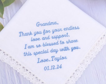 Grandmother gift handkerchief, Grandma handkerchief, Embroidered hankie, Grandma gift, Nana of the bride gift, Personalized hankerhief