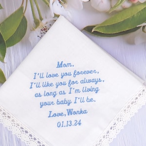 Embroidered Wedding Handkerchief: Mother of the Bride Gift, Personalized Cotton Hanky