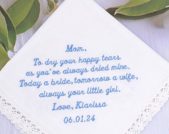 Personalized wedding gift for Mother of the bride, Embroidered handkerchief, Mother of bride gift, Lace hankie, Mom wedding gift hankie gift