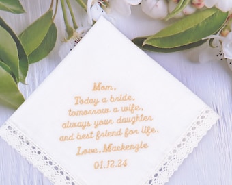 Gift handkerchief Mother of the bride gift Wedding handkerchief Embroidered, Personalized wedding gift, Today a bride, Always your daughter