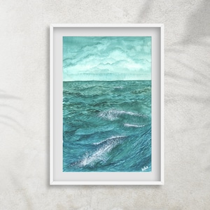 Seascape watercolour wall art. Southsea beach. Ocean wave aesthetic for coastal decor. Fine art quality Giclee print from original painting.