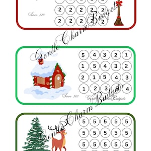 May include: Three printable Christmas savings challenge cards with a green, red, and white color scheme. Each card features a different Christmas image: a streetlight, a house, and a Christmas tree. The cards have a grid of numbers and the text "Gentle Charm Budgets" and "Save $40", "Save $60", and "Save $100".
