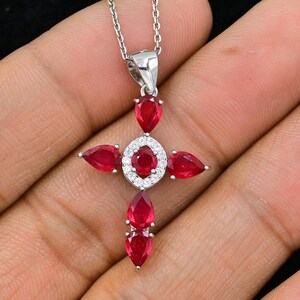 Natural Ruby Pendant Necklace, 925 Sterling Silver, Holy Cross Pendant, July Birthstone, Ruby Jewelry, Charm Pendant, Birthday Gift For Her