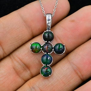 Natural Ethiopian Welo Black Opal Pendant Necklace, 925 Sterling Silver, Holy Cross Pendant, October Birthstone, Birthday Gift, Gift For Her