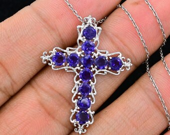 Collana con ciondolo a croce in iolite naturale rotonda da 4 mm, argento sterling 925, ciondolo a croce sacra, pietra portafortuna di dicembre, gioielli in iolite, regalo per lei