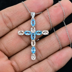 Natural Morganite Blue Zircon Pendant Necklace, 925 Sterling Silver, Holy Cross Pendant, October Birthstone, Anniversary Gift, Gift For Her