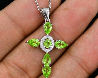 Pendentif Croix Argent 925 Avec Péridot - Bijou Occasion En Argent Massif - Fabriqué En France