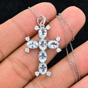 Natural Aquamarine Pendant Necklace, 925 Sterling Silver, Holy Cross Pendant, Aquamarine Jewelry, March Birthstone, Birthday Gift For Her