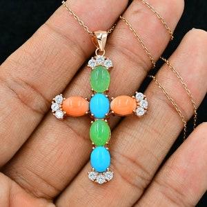 6x8 MM Natural Japanese Coral Turquoise Chrysoprase Multi Stone Pendant, 925 Sterling Silver, Holy Cross Pendant Necklace, Gift For Her