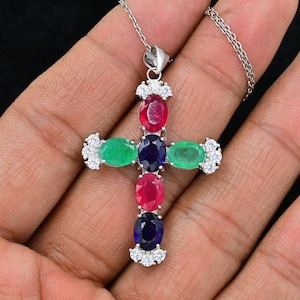 Natural Sapphire Ruby Emerald Mix Stone Pendant Necklace, 925 Sterling Silver, Holy Cross Pendant, July Birthstone, Birthday Gift For Her