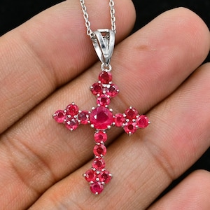 Natural Ruby Pendant Necklace, 925 Sterling Silver, July Birthstone, Holy Cross Pendant, Red Ruby Jewelry, Anniversary Gift, Gift For Her
