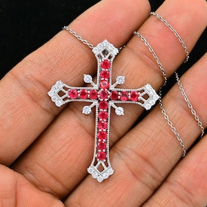 Natural Red Ruby Pendant Necklace, 925 Sterling Silver, Holy Cross Pendant, July Birthstone, Ruby Jewelry, Wedding Pendant, Gift For Her